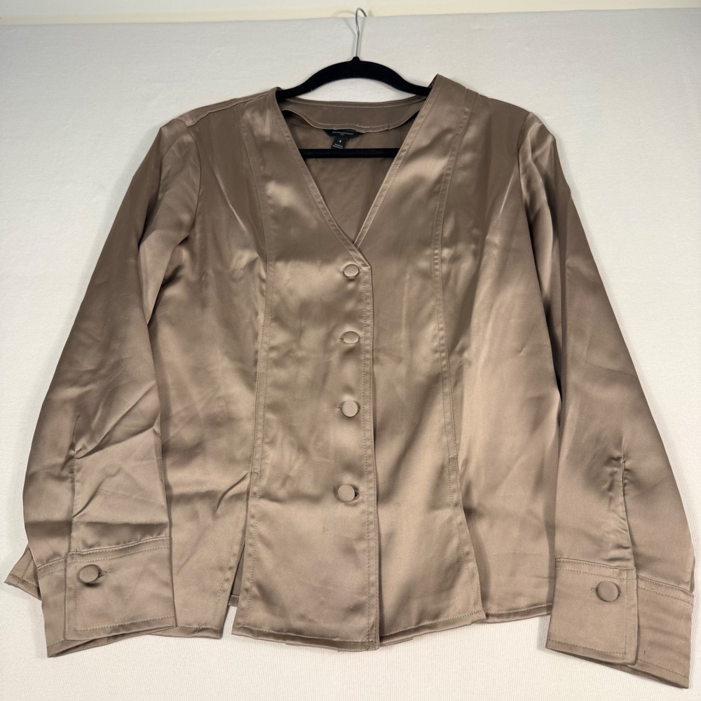 Banana Republic Seamed Satin Blouse 4 Mocha Brown VNeck Button Front Long Sleeve